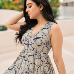 Women Blue Floral Print V-Neck Fit & Flare calf-Length Dress