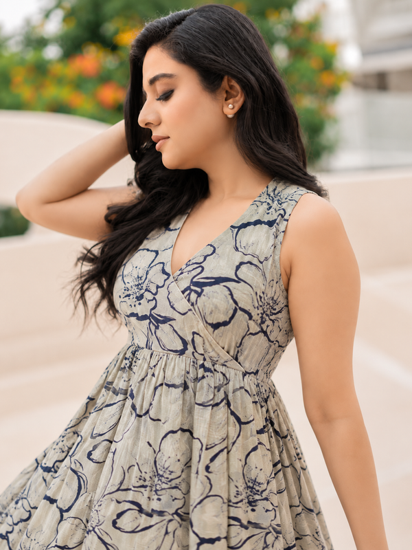Women Blue Floral Print V-Neck Fit & Flare calf-Length Dress