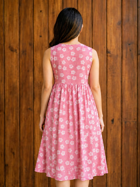 Women Pink Floral Print V-Neck Fit & Flare calf-Length Dress