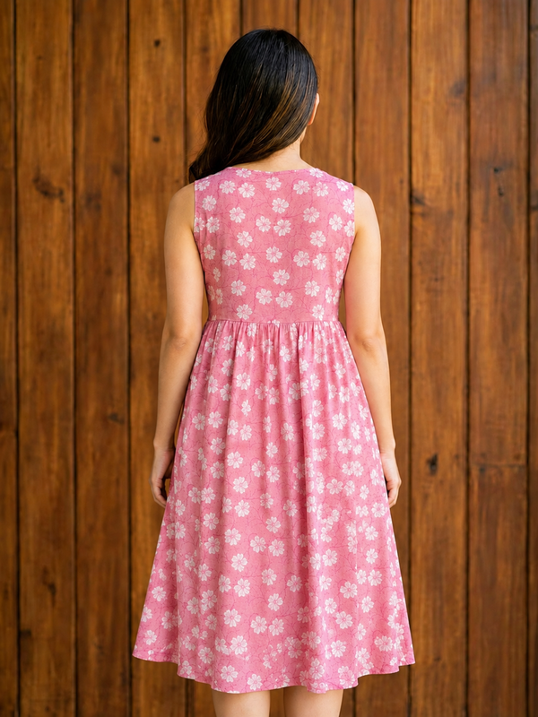 Women Pink Floral Print V-Neck Fit & Flare calf-Length Dress