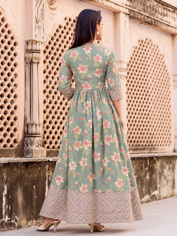 Largish Light Green Cotton Lurex Floral Print Gown