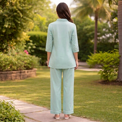 Largish Women Mint Green Cotton Co-ord Set with a minimal dog line embroidery detail