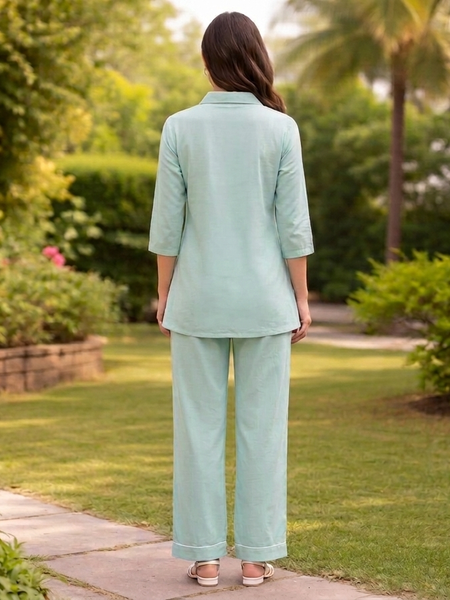 Largish Women Mint Green Cotton Co-ord Set with a minimal dog line embroidery detail