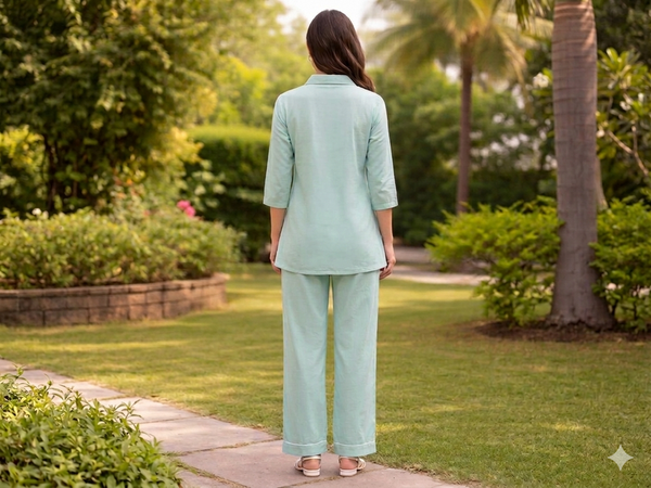 Largish Women Mint Green Cotton Co-ord Set with a minimal dog line embroidery detail