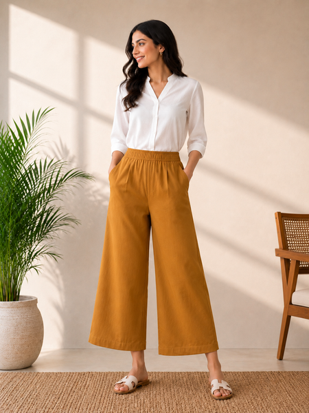 Women’s Yellow Wide-Leg Cotton Trousers