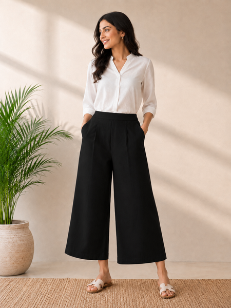 Women’s Black Wide-Leg Cotton Trousers