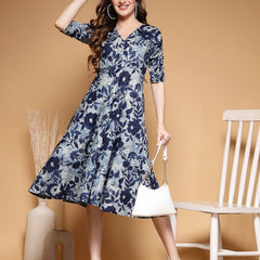 Largish Women's Blue Printed Cotton Umbrella Cut Flared Dress