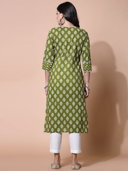Largish Green Floral Print Straight Kurta