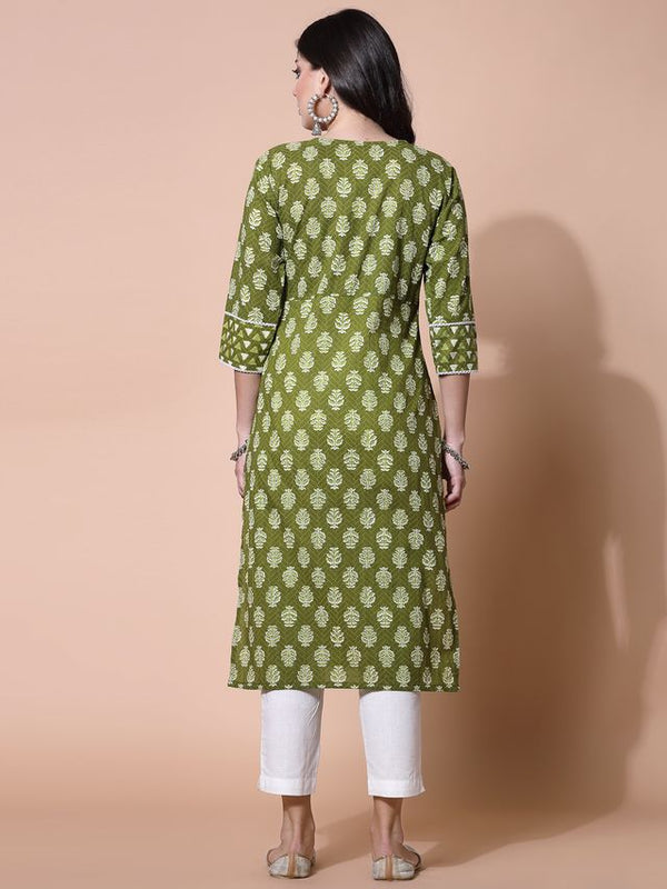 Largish Green Floral Print Straight Kurta