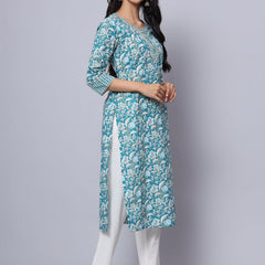 Largish Cotton Turquoise Foil Floral Print Kurta