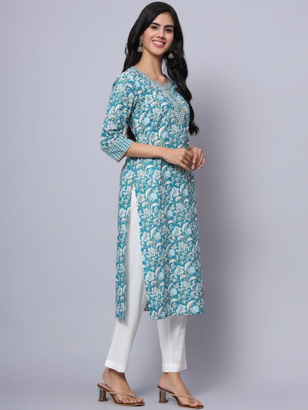 Largish Cotton Turquoise Foil Floral Print Kurta