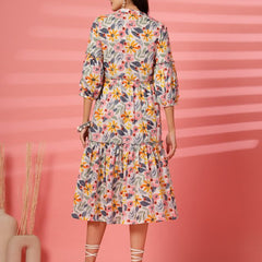 Largish Off White Cotton Floral Print Tiered and Flared A-line Dress