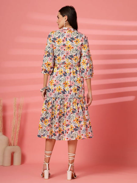 Largish Off White Cotton Floral Print Tiered and Flared A-line Dress
