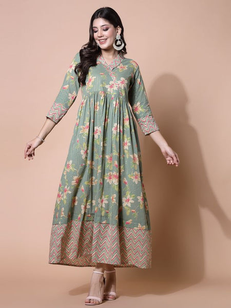 Largish Light Green Cotton Lurex Floral Print Gown