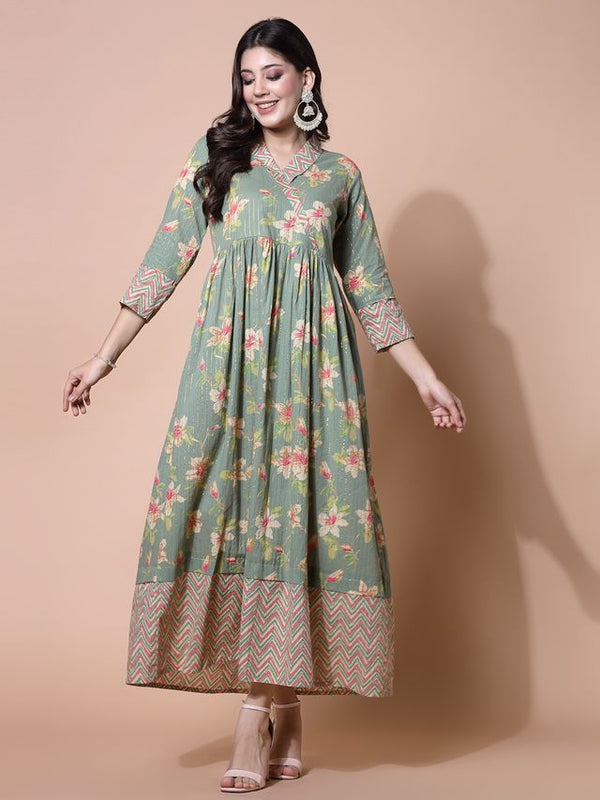 Largish Light Green Cotton Lurex Floral Print Gown