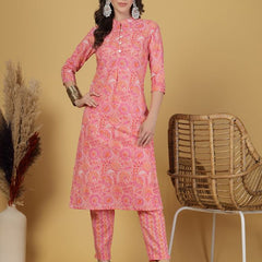 Largish Women's Peach Floral Print Cotton Kurta Pant Set