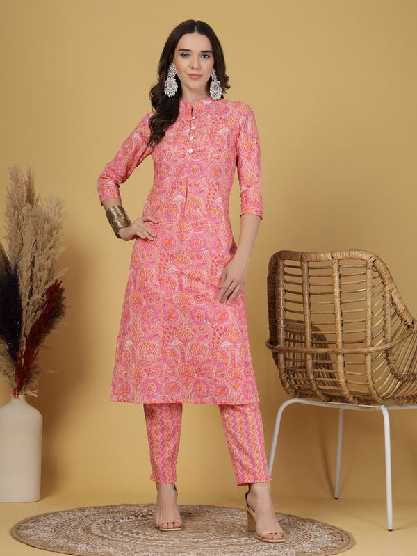 Largish Women's Peach Floral Print Cotton Kurta Pant Set
