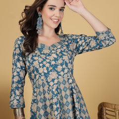 Largish Elegant Turquoise Floral Anarkali Midi Dress