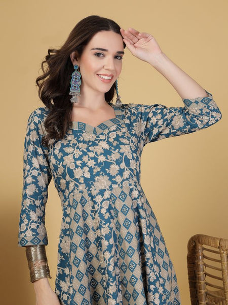 Largish Elegant Turquoise Floral Anarkali Midi Dress