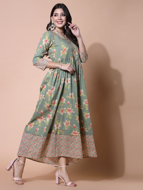 Largish Light Green Cotton Lurex Floral Print Gown