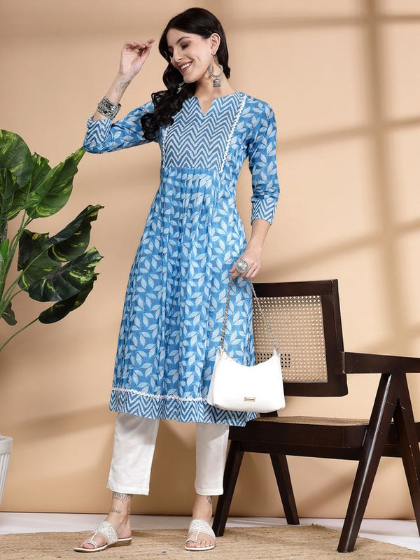 Largish Women's Firozi Cotton Printed Box pleated A-line Kurta