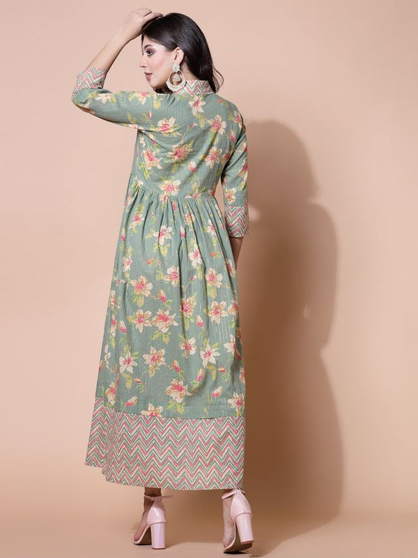 Largish Light Green Cotton Lurex Floral Print Gown