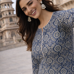 Largish Cotton Navy Blue Floral Printed Anarkali Kurta with White Contrast Piping