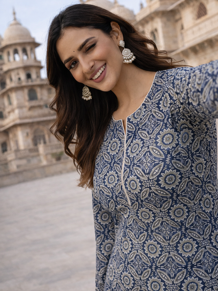 Largish Cotton Navy Blue Floral Printed Anarkali Kurta with White Contrast Piping