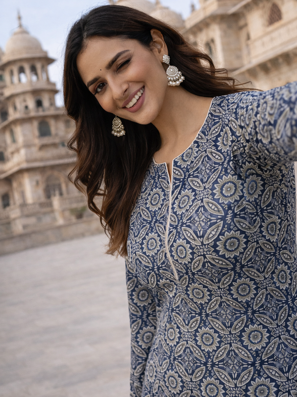 Largish Cotton Navy Blue Floral Printed Anarkali Kurta with White Contrast Piping