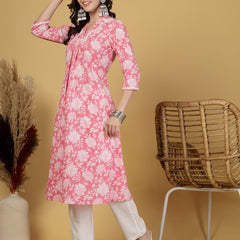 Largish Women's Pink Floral Print Cotton A-Line V-Neck Kurta