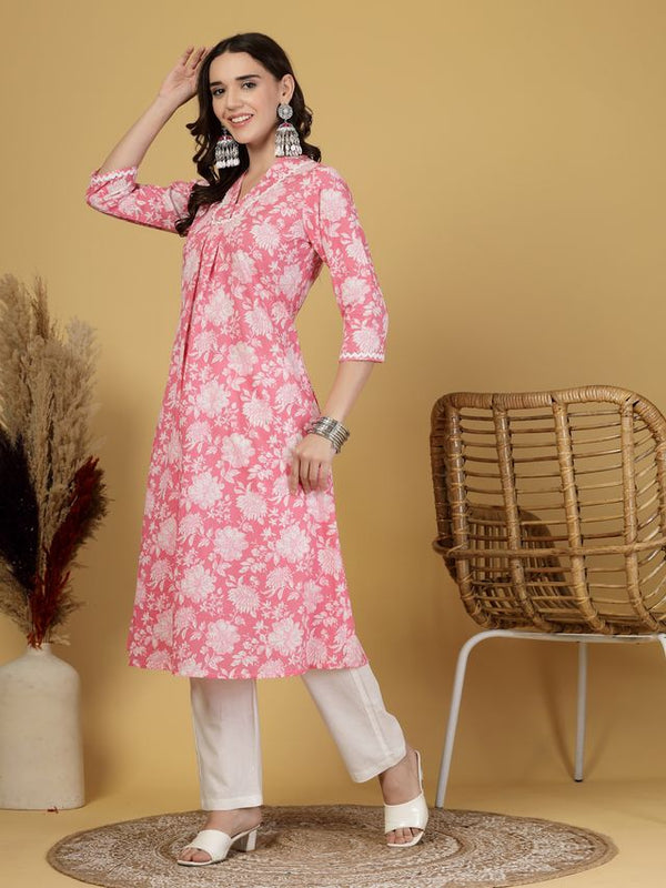 Largish Women's Pink Floral Print Cotton A-Line V-Neck Kurta