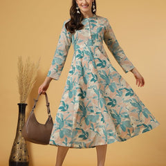 Largish Women's Green Printed Cotton Anarkali Flared Dress