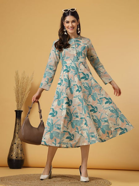 Largish Women's Green Printed Cotton Anarkali Flared Dress