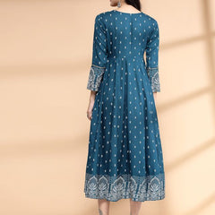 Largish Rayon Pigment print Teal blue Anarkali full maxi Dress