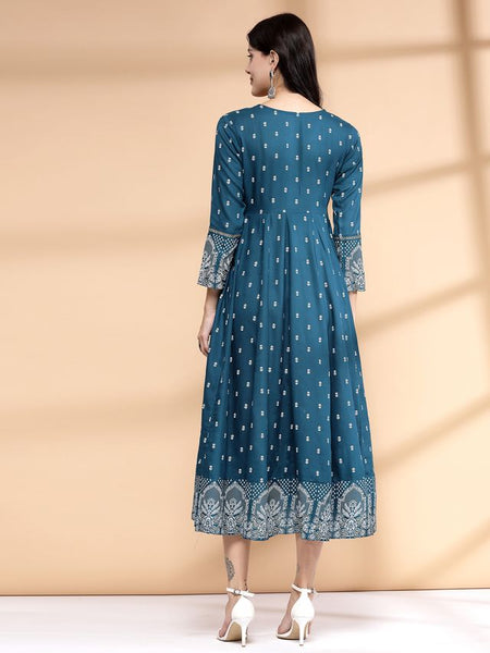 Largish Rayon Pigment print Teal blue Anarkali full maxi Dress