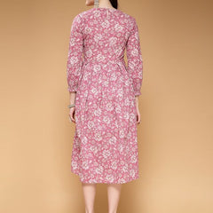 Largish Cotton Pink Floral Foil Print, Embroidered Dress
