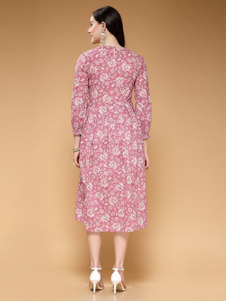 Largish Cotton Pink Floral Foil Print, Embroidered Dress