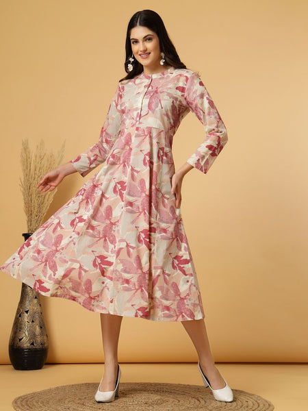 Largish Women's Maroon Printed Cotton Anarkali Flared Dress