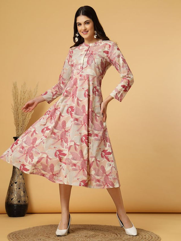 Largish Women's Maroon Printed Cotton Anarkali Flared Dress