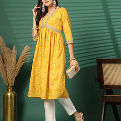 Largish Women's Yellow Floral Print Cotton Naira Cut Kurta