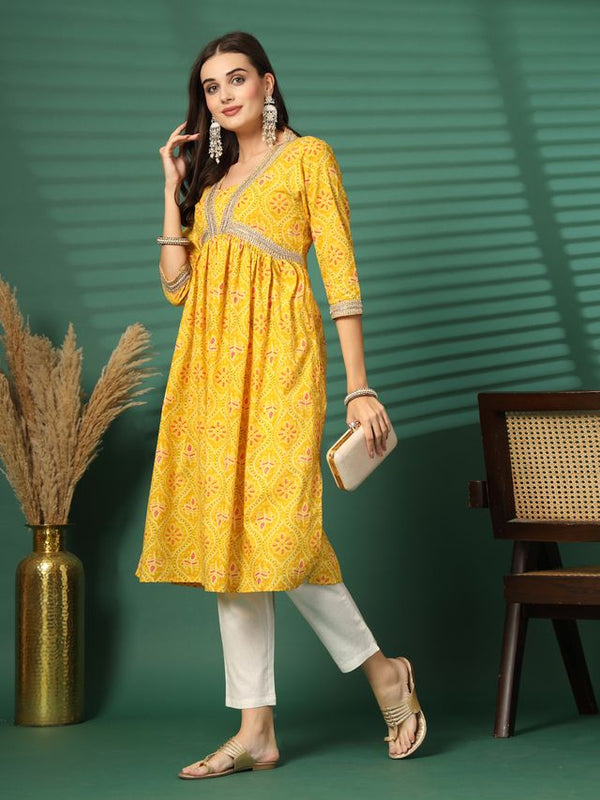 Largish Women's Yellow Floral Print Cotton Naira Cut Kurta