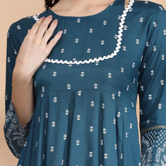 Largish Rayon Pigment print Teal blue Anarkali full maxi Dress