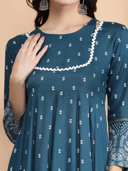 Largish Rayon Pigment print Teal blue Anarkali full maxi Dress