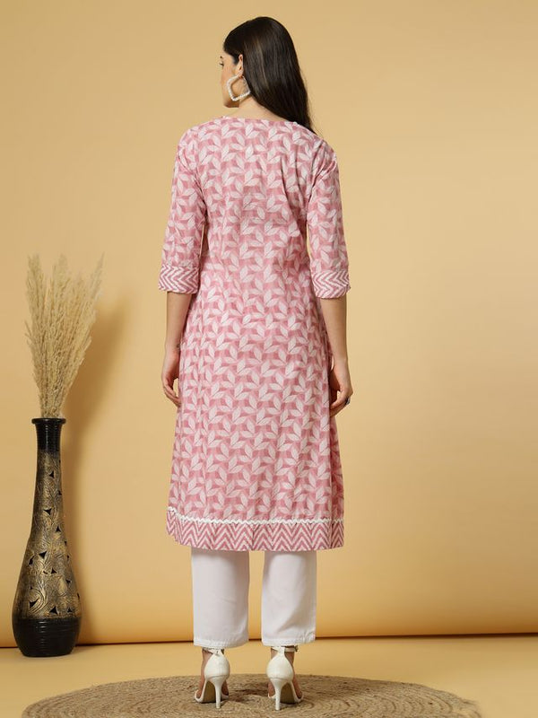 Largish Women's Peach Cotton Printed Box pleated A-line Kurta