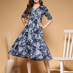 Largish Women's Blue Printed Cotton Umbrella Cut Flared Dress