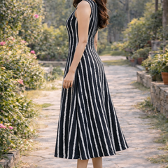 Largish Stylish women’s black & white striped A-line Premium Cotton dress