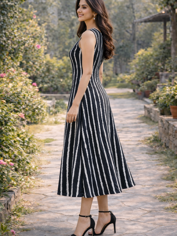 Largish Stylish women’s black & white striped A-line Premium Cotton dress