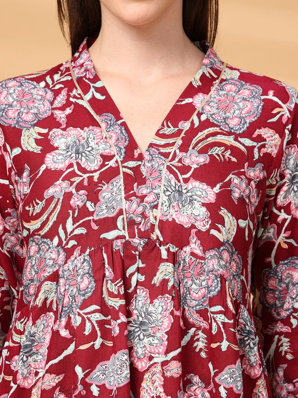 Largish Maroon Floral Printed Kurta for Women