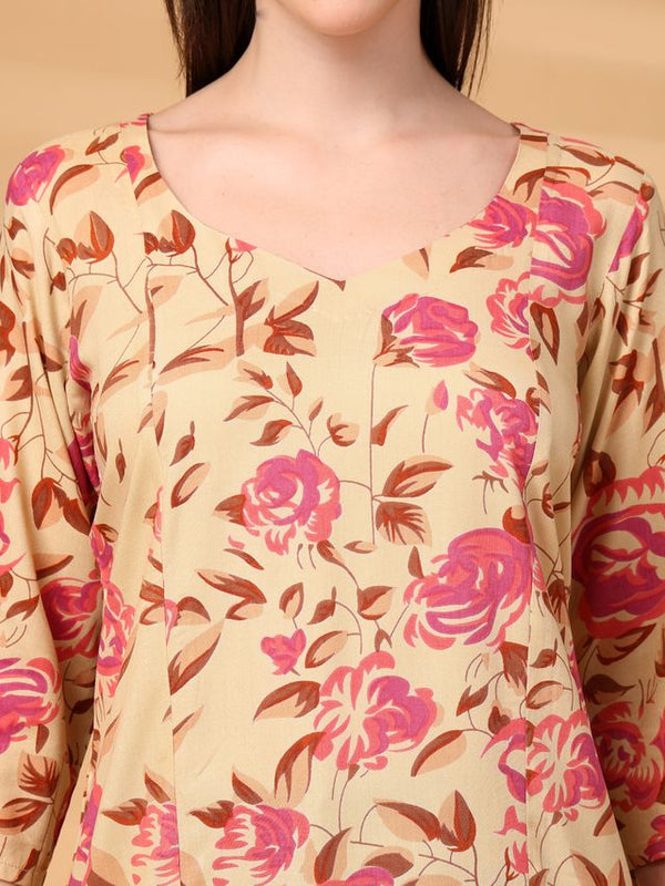 Largish Stylish Beige Rayon floral print kurti