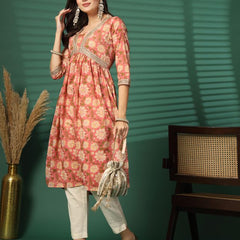 Largish Women's Peach Floral Print Cotton Naira Cut Kurta